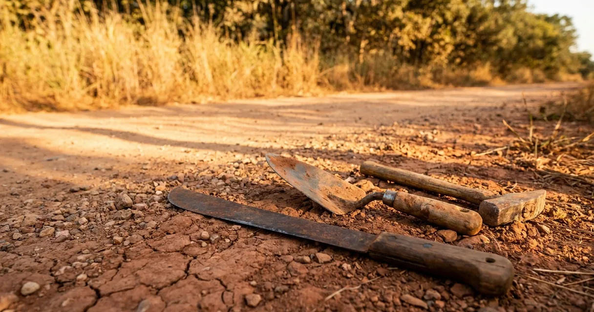 Facão de ferro e ferramentas de mão apoiados na terra vermelha à beira de uma estrada de chão