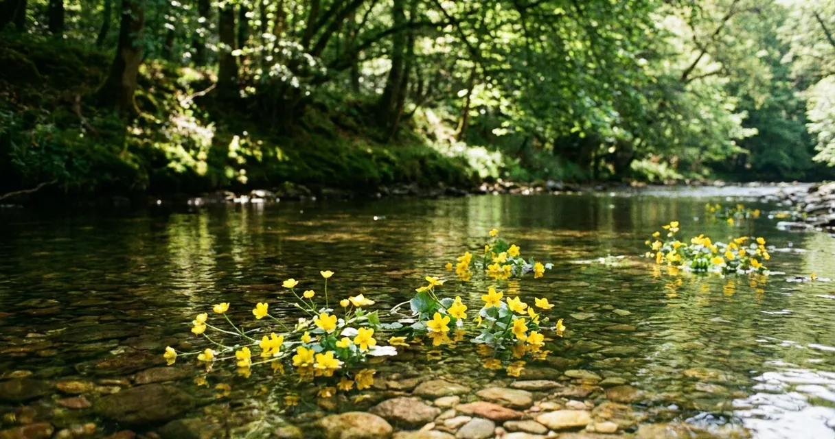 Flores amarelas boiando na superfície calma de um rio de águas claras, com mata na margem